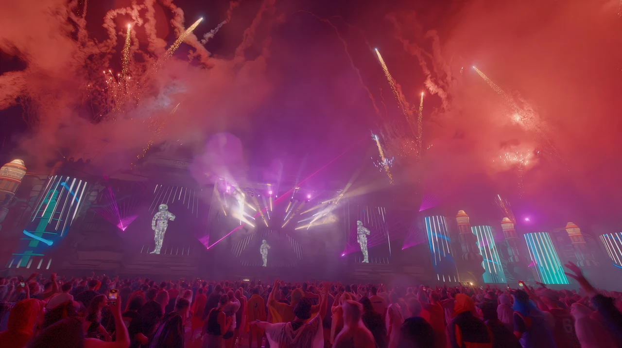 Feuerwerk über Videoflächen und Konzertpublikum – FREQUENCY FESTIVAL, Sankt Pölten, Österreich