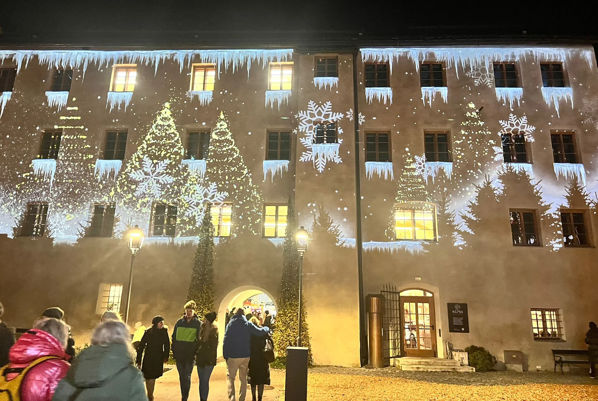 White snowflakes and Christmas trees projected on a facade behind visitors