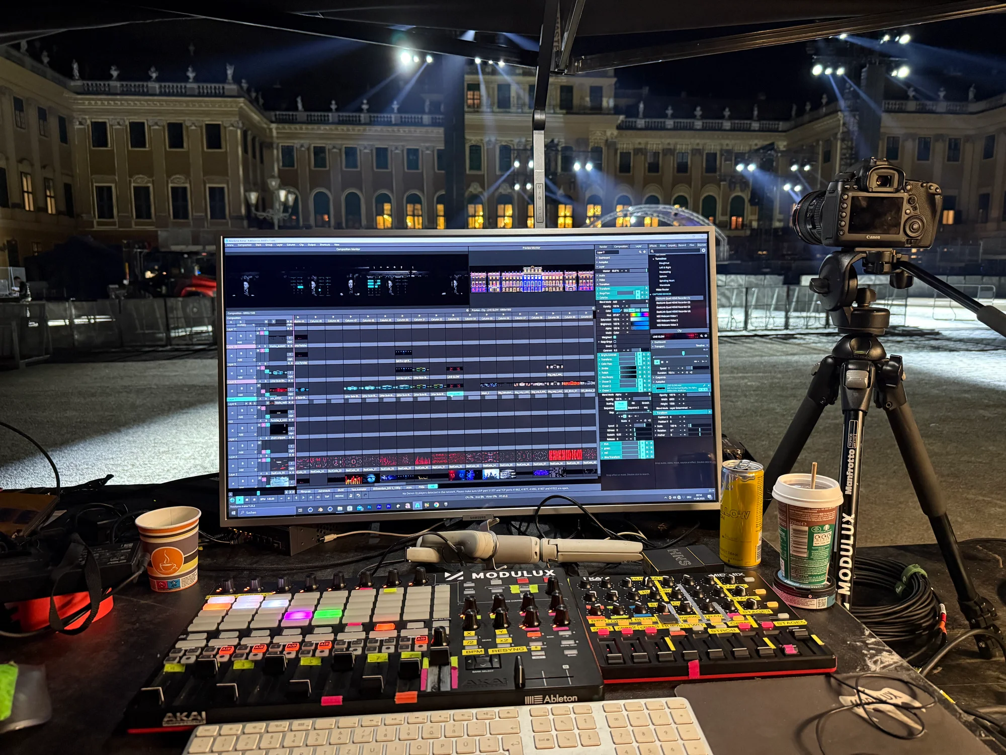 Laptop and live visuals control desk overlooking Schönbrunn Palace